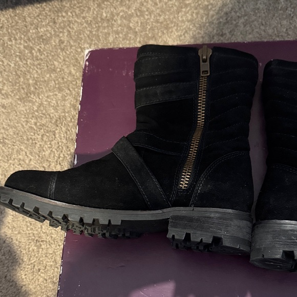 Shellys London Black Combat Boots with Gold Buckles - Picture 2 of 5